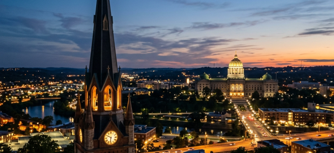 Church steeple and distant capitol at twilight